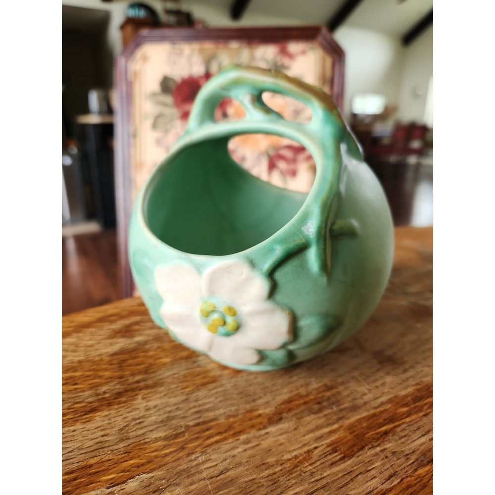 Vintage Weller Art Pottery Wild Rose Matte Green / Blue Basket Vase